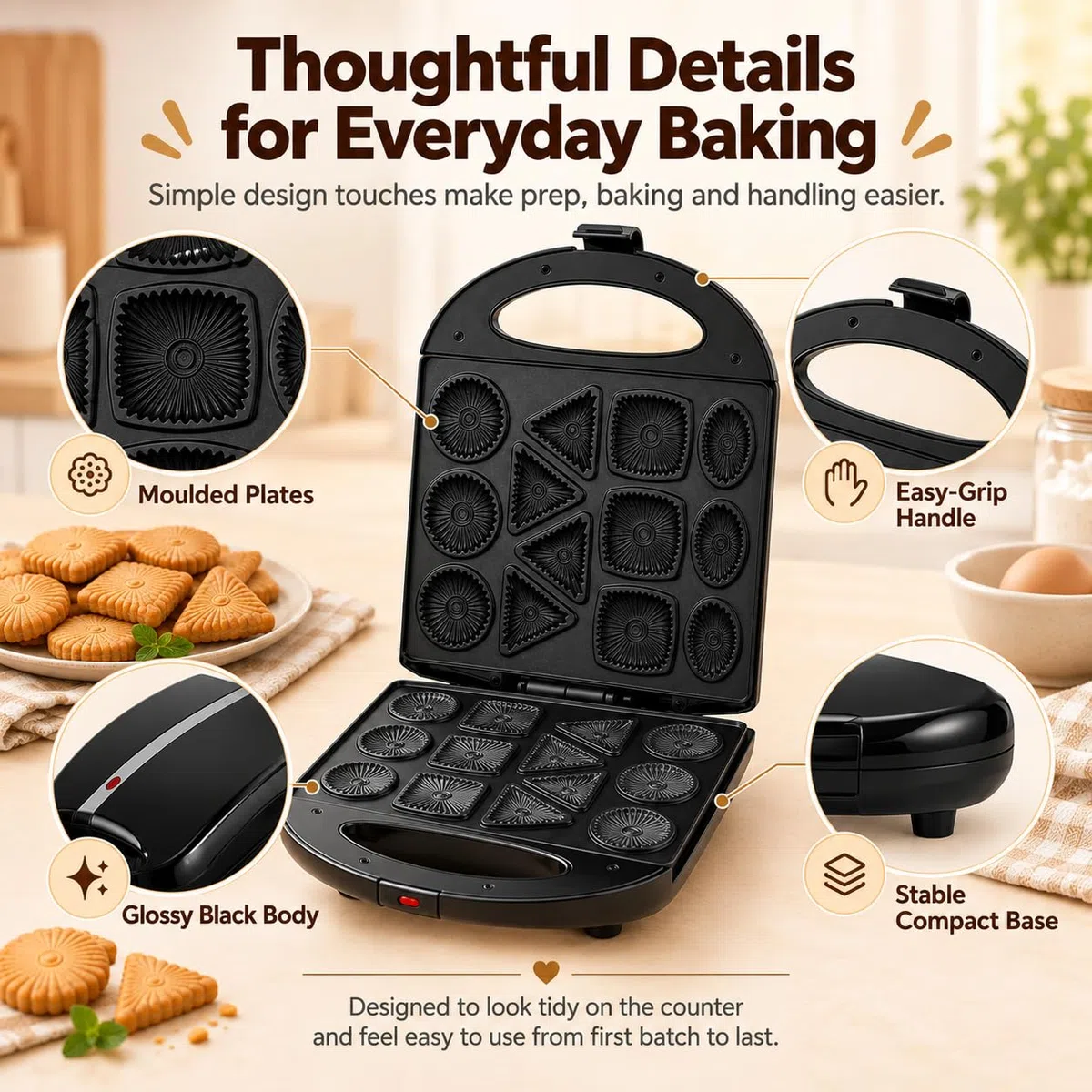 Appareil À Biscuits Aux Noix, Appareil À Mini-donuts, Antiadhésif, Double Face Chauffante, Permet De Réaliser 4 Formes De Crêpes Différentes, 13 Biscuits, Pour Biscuits, En-cas Et Desserts Maison