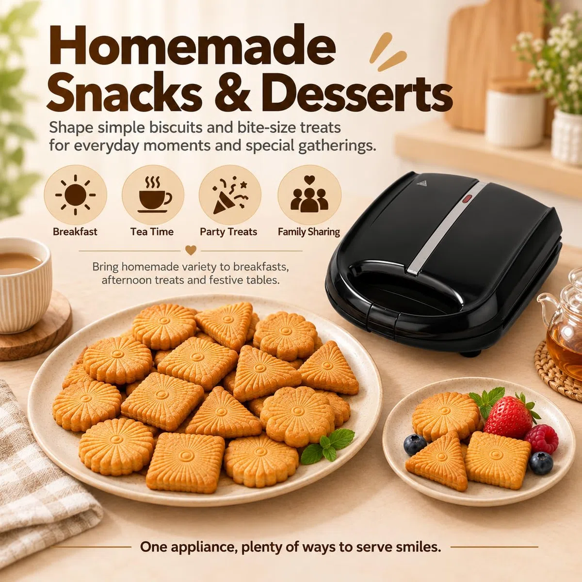 Appareil À Biscuits Aux Noix, Appareil À Mini-donuts, Antiadhésif, Double Face Chauffante, Permet De Réaliser 4 Formes De Crêpes Différentes, 13 Biscuits, Pour Biscuits, En-cas Et Desserts Maison
