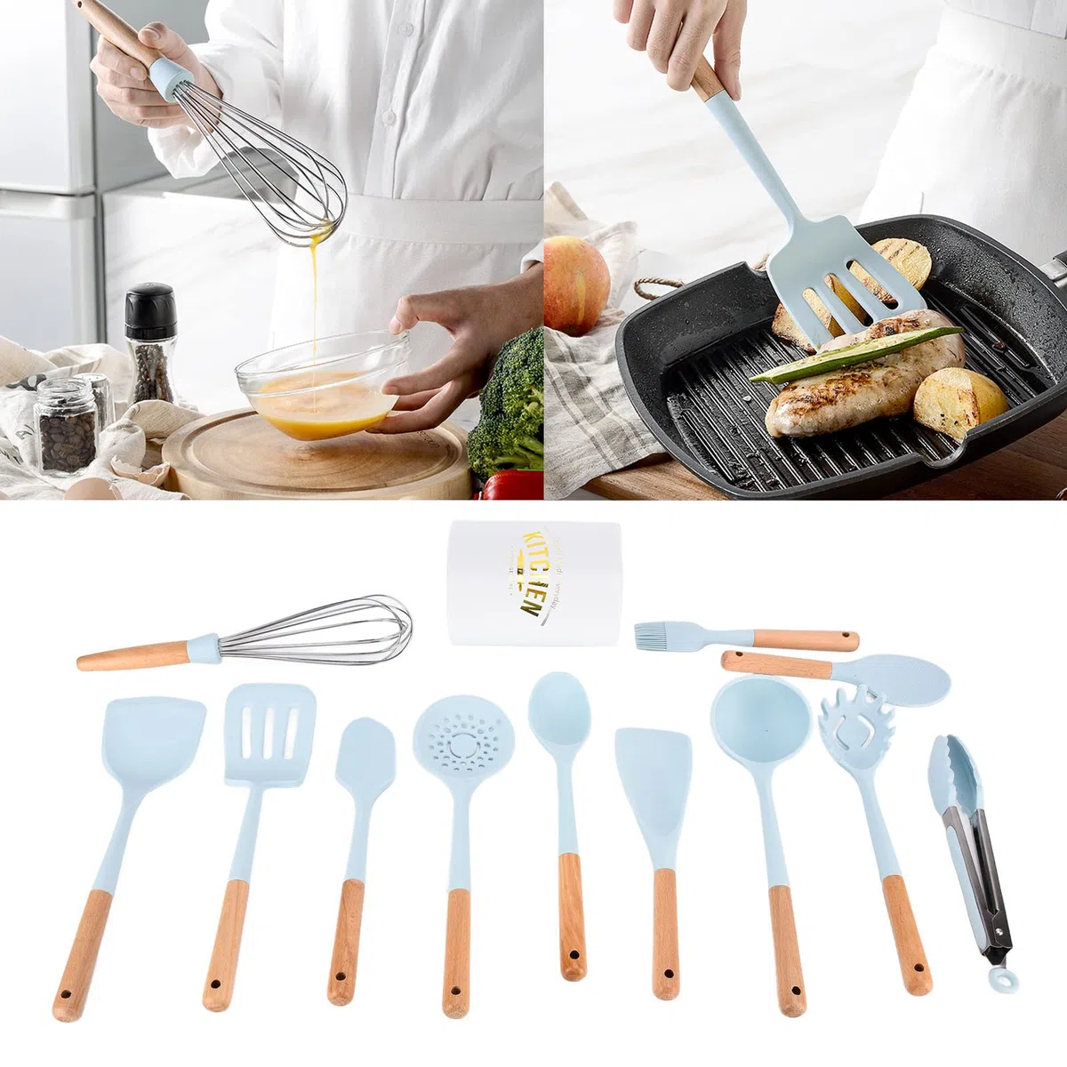 Ensemble de 12 ustensiles de Cuisson en Silicone, spatules résistantes à la Chaleur, ustensiles de Cuisine, Couleur Bleue
