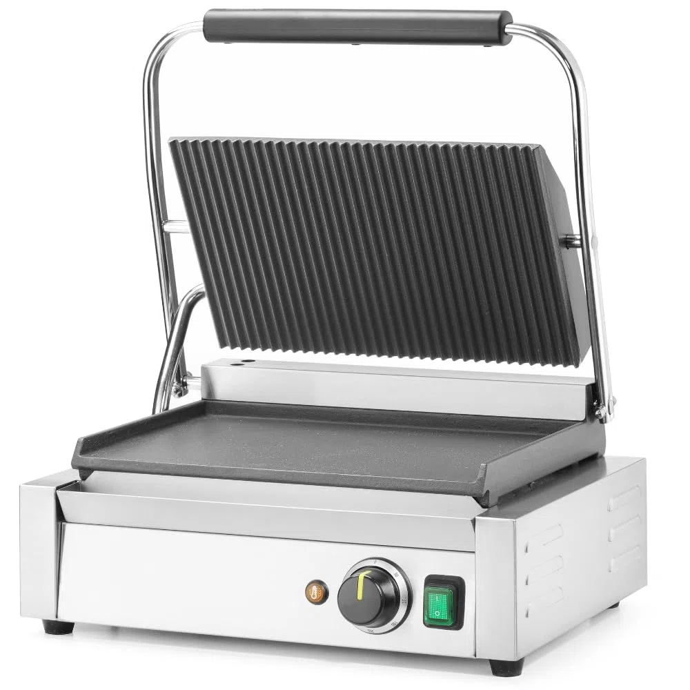 MBH - Grill Panini électrique professionnel de 43 cm avec grille cannelée pour hôtellerie. Appareil à croque-monsieur industriel en acier inoxydable pour bar et restaurant