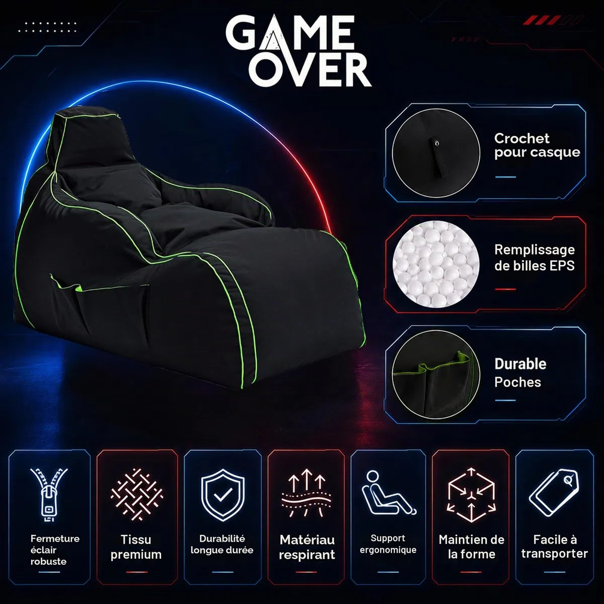 Game Over Chaise Longue Pouf Jeux Vidéos | Salle De Séjour Intérieure Fauteuil Gamer | Poches Latérales pour Les Manettes | Support De Casque (Émeraude Magique)