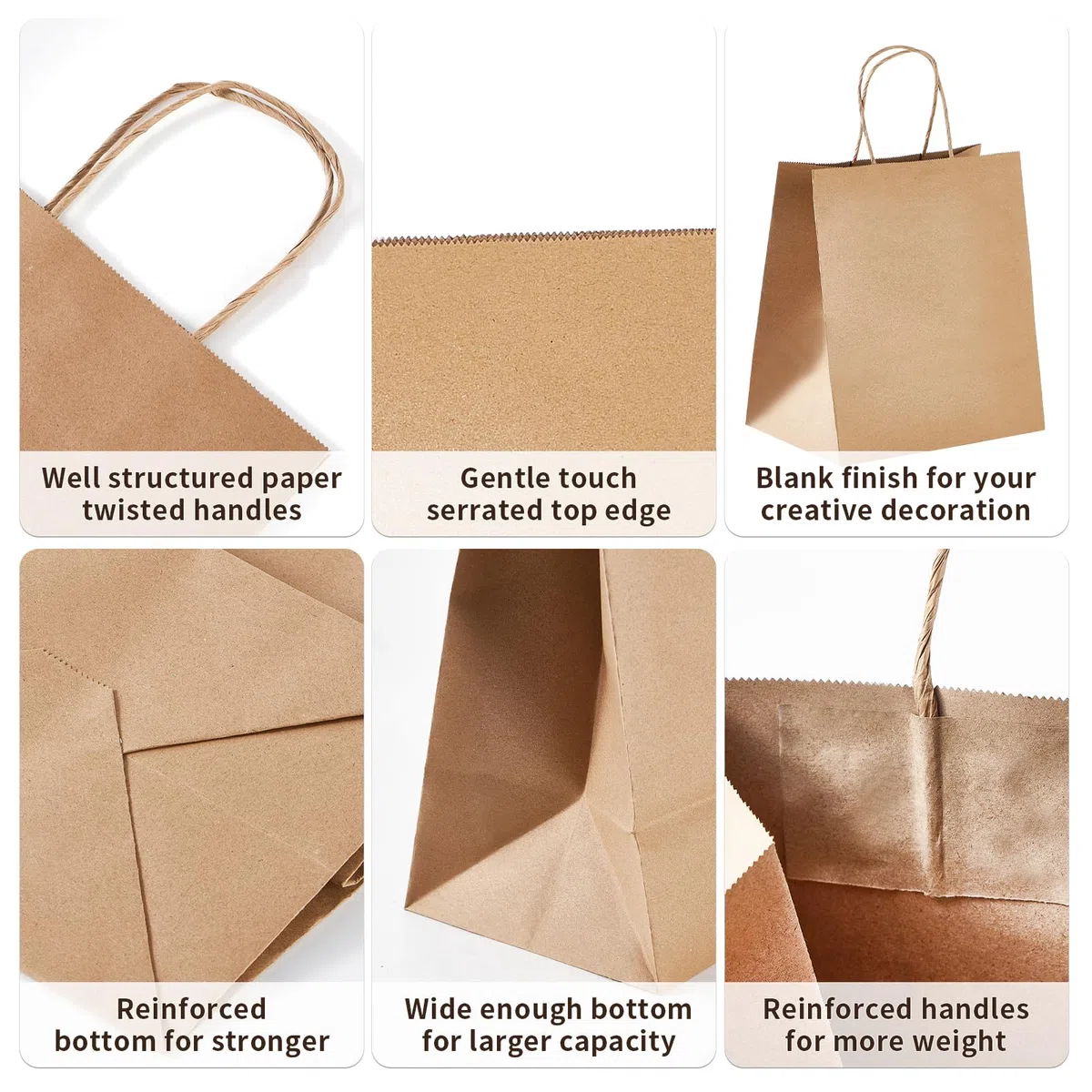 DealbyBox Lot de 200 sacs en papier marron avec poignées, sacs en kraft, sacs de vente au détail, sacs de courses (taille L, 30,5 x 22,9 x 38,1 cm)