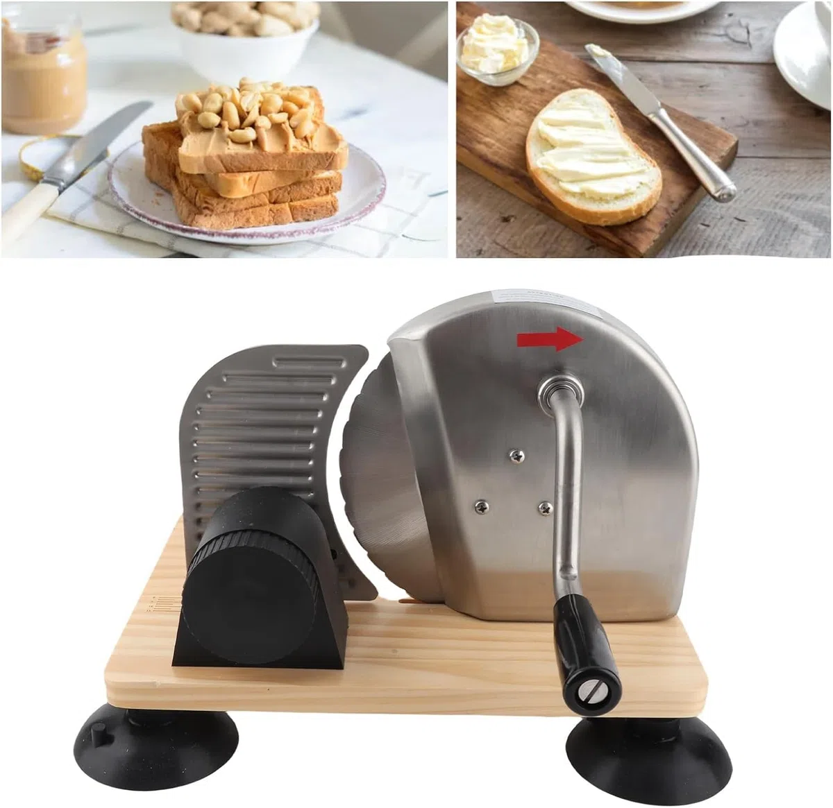 Coupe-Pain à manivelle réglable en Acier Inoxydable 0-15mm Contrôle d'épaisseur poignée Ergonomique Ventouses d'aspiration antidérapantes pour Les Pains Doux Bagels Maison Cuisine Outil de Cuisson