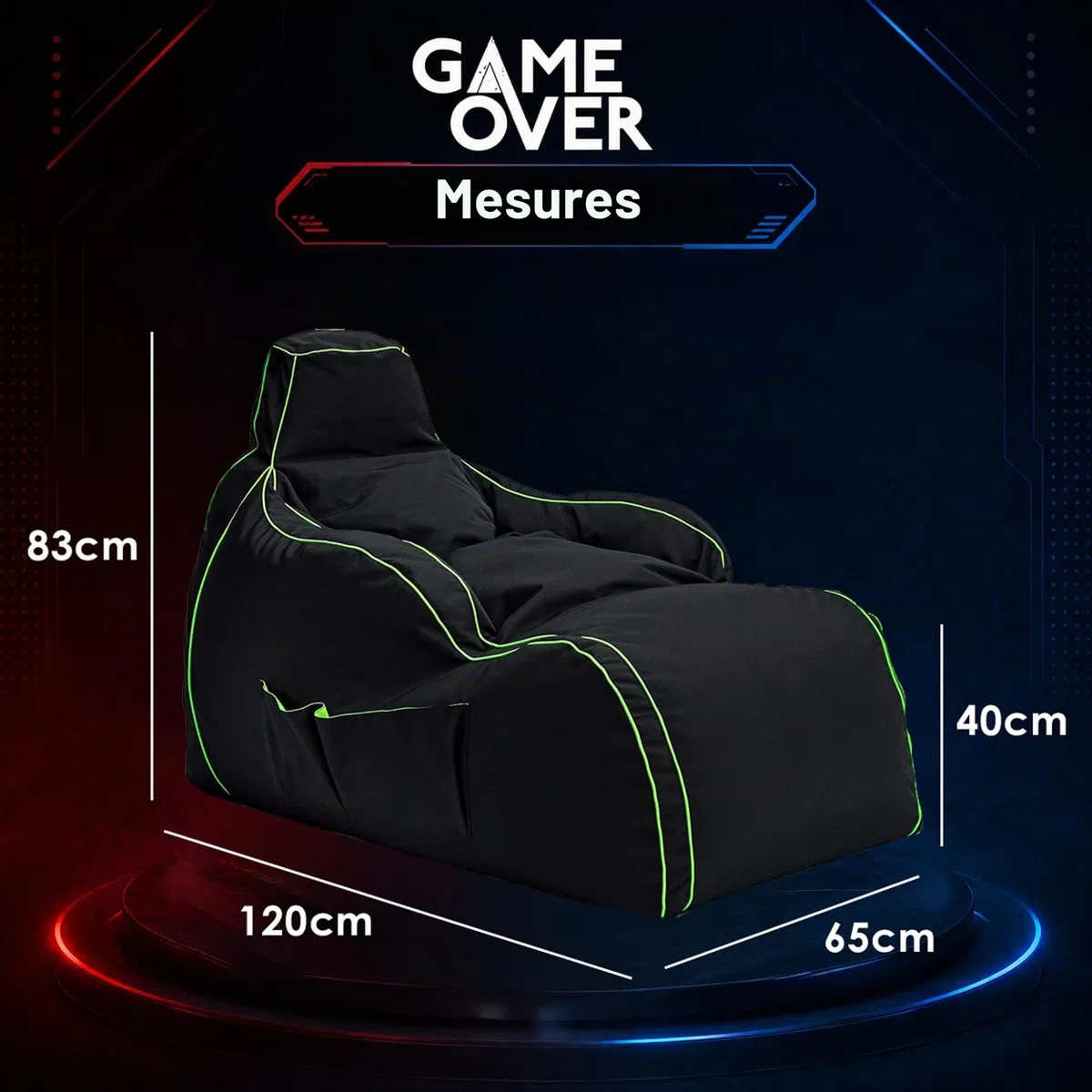 Game Over Chaise Longue Pouf Jeux Vidéos | Salle De Séjour Intérieure Fauteuil Gamer | Poches Latérales pour Les Manettes | Support De Casque (Émeraude Magique)