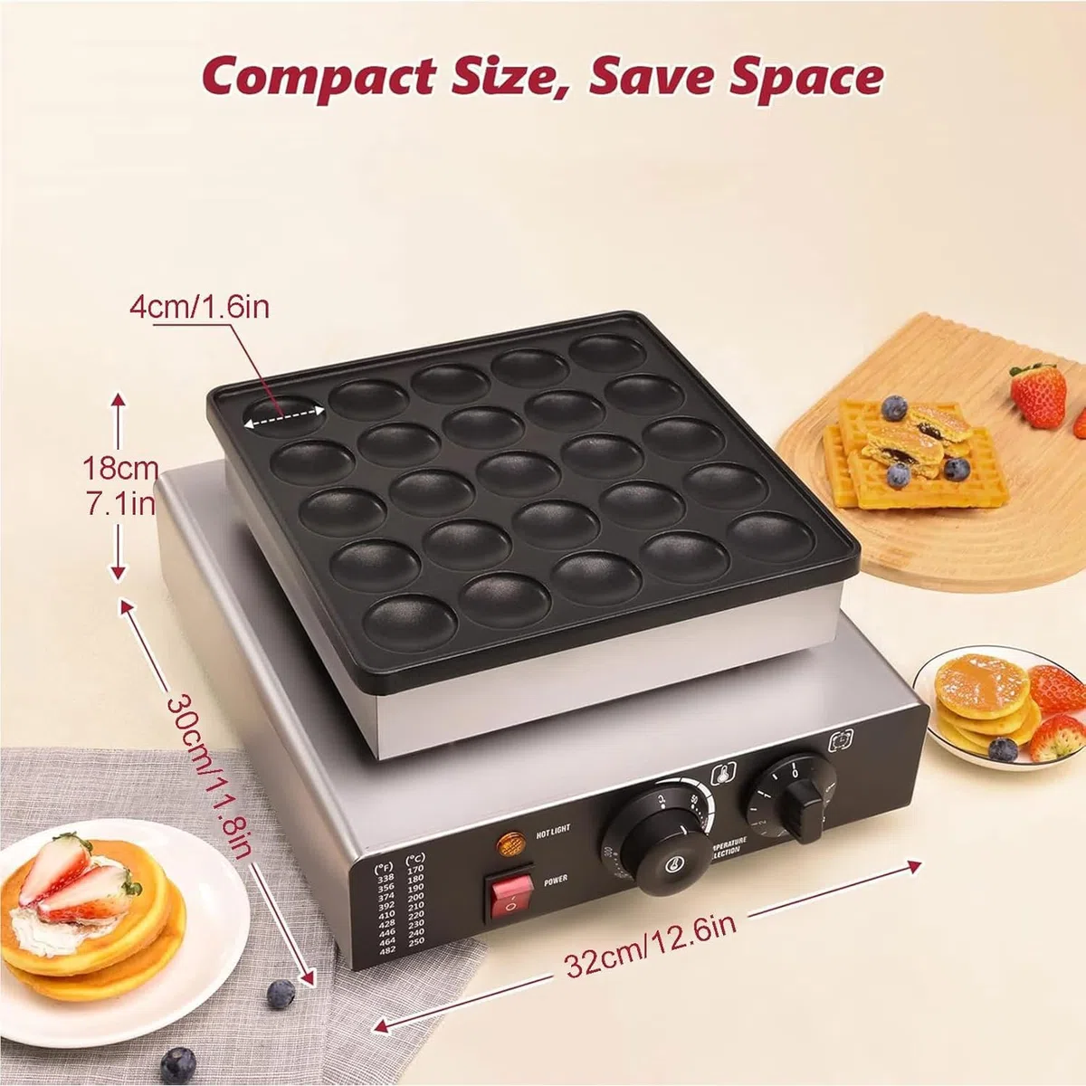 Gaufrier Électrique Commercial De 850 W, Machine À Crêpes en Acier Inoxydable À 25 Trous avec Revêtement Antiadhésif, Température Réglable De 50 À 300 ℃, Minuterie De 0 À 5 Minutes