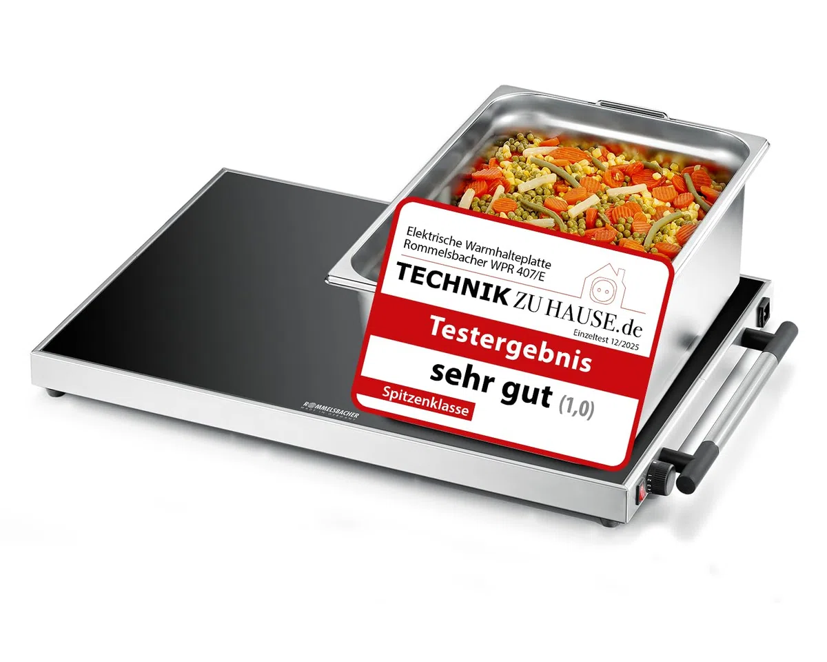 ROMMELSBACHER Plaque chauffante WPR 407/E Gastro - Verre tressé de sécurité en acier inoxydable - Réglable en continu - 40 à 105 °C - Surface 61 x 41 cm - Pour récipient 1/1 GN - Bouton marche/arrêt