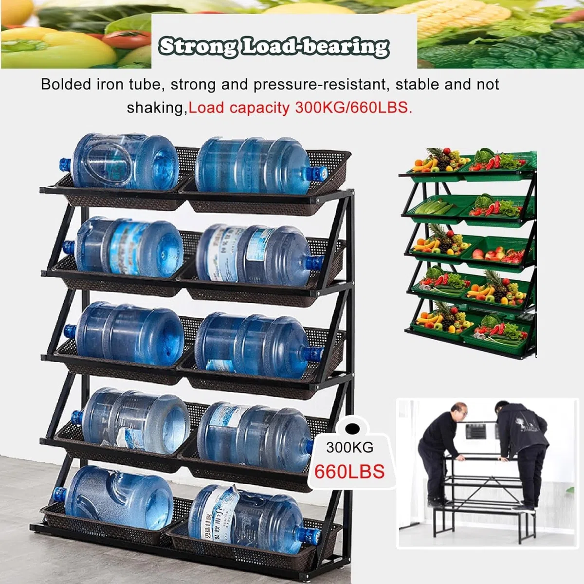 Support de Production en métal Robuste 4-5 avec paniers Commercial Épicerie Stand pour Le Magasin de marché Garde-Manger Cuisine Fruit Vegetable Snack Organizer Cadre Noir