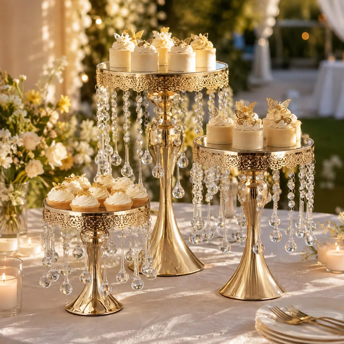 3 è Support à Gâteau en Fer Plateau Surélevé Support à Dessert Bordure Métallique Décorée Stable pr Mariage, Célébratio, Style A