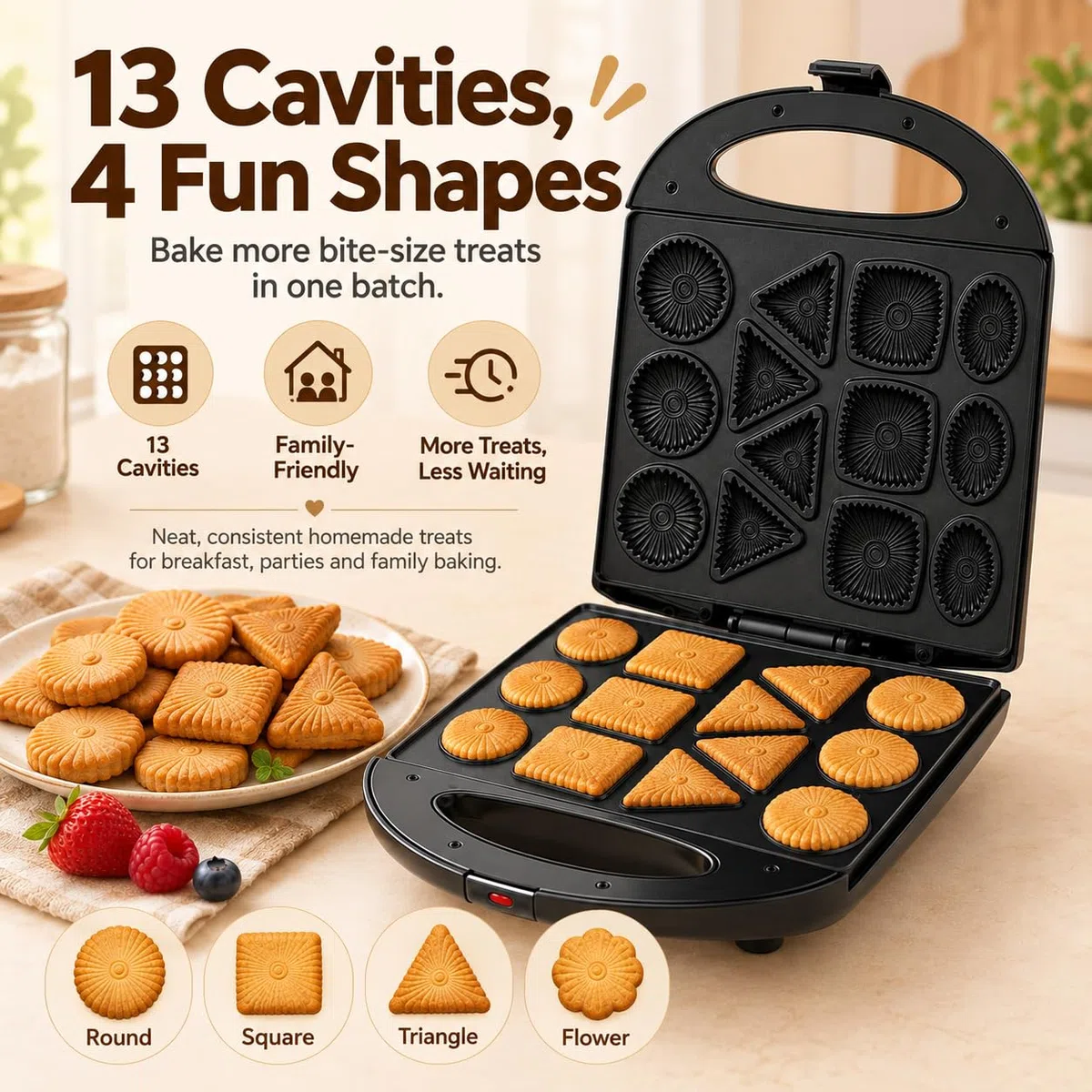 Appareil À Biscuits Aux Noix, Appareil À Mini-donuts, Antiadhésif, Double Face Chauffante, Permet De Réaliser 4 Formes De Crêpes Différentes, 13 Biscuits, Pour Biscuits, En-cas Et Desserts Maison