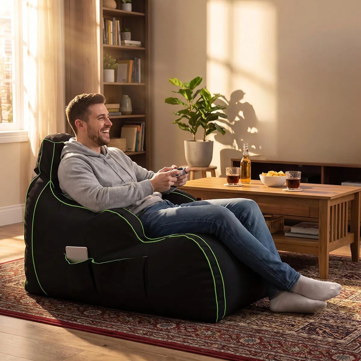 Game Over Chaise Longue Pouf Jeux Vidéos | Salle De Séjour Intérieure Fauteuil Gamer | Poches Latérales pour Les Manettes | Support De Casque (Émeraude Magique)