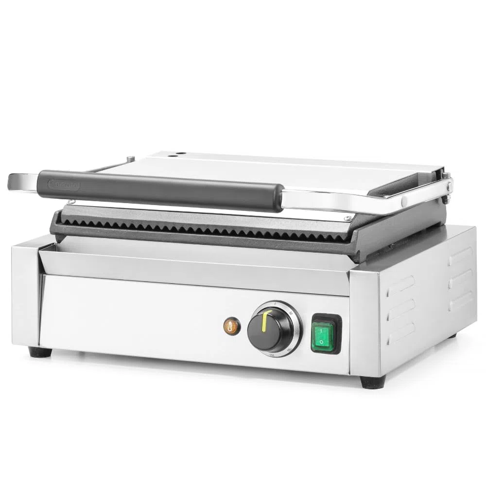 MBH - Grill Panini électrique professionnel de 43 cm avec grille cannelée pour hôtellerie. Appareil à croque-monsieur industriel en acier inoxydable pour bar et restaurant