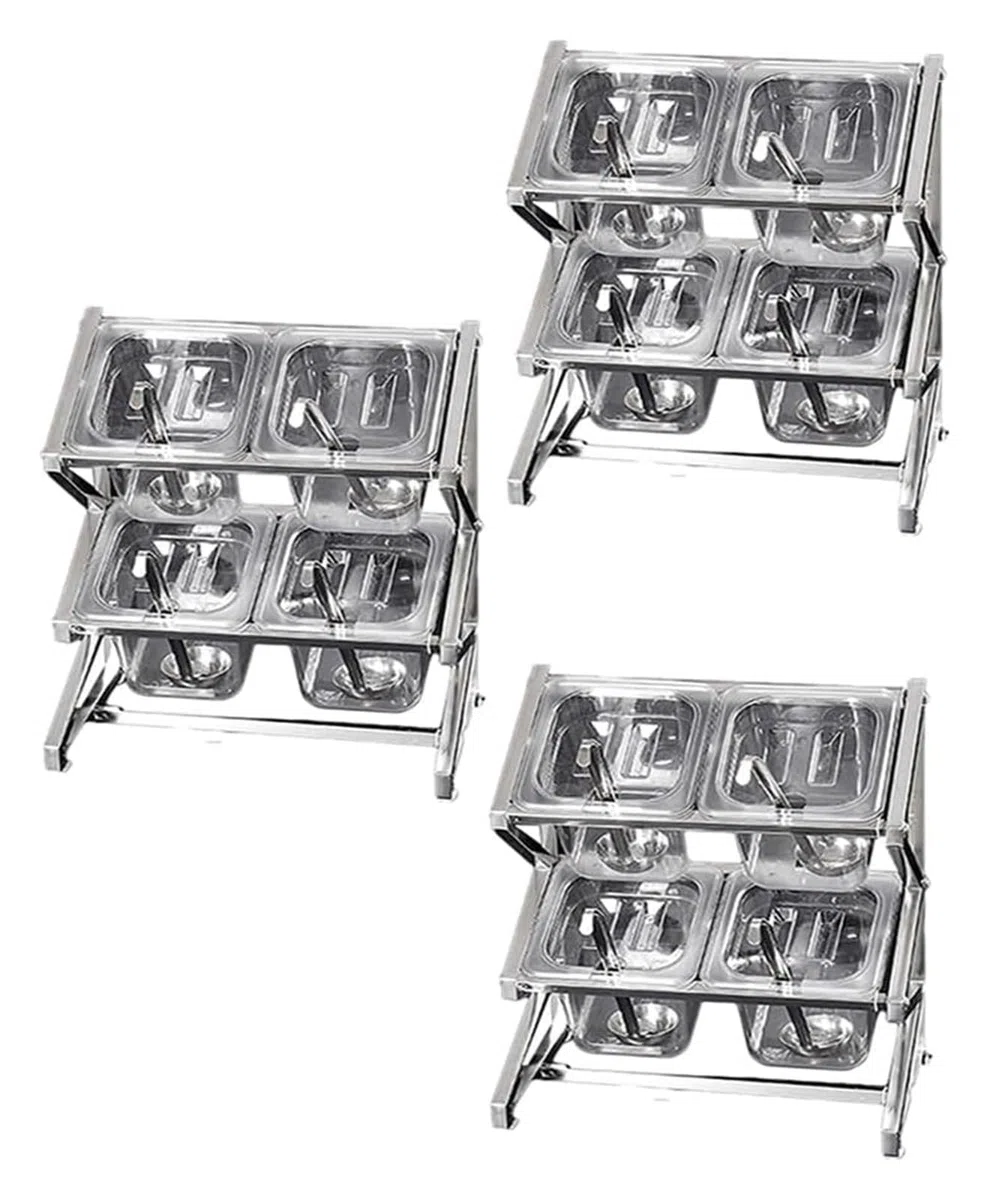 Ensemble de 3 garnitures à pizza transparentes avec cuillère et couvercle – Rangement de comptoir argenté pour assaisonnements 64,5 x 22,6 x 43,2 cm – Solution de cuisine efficace