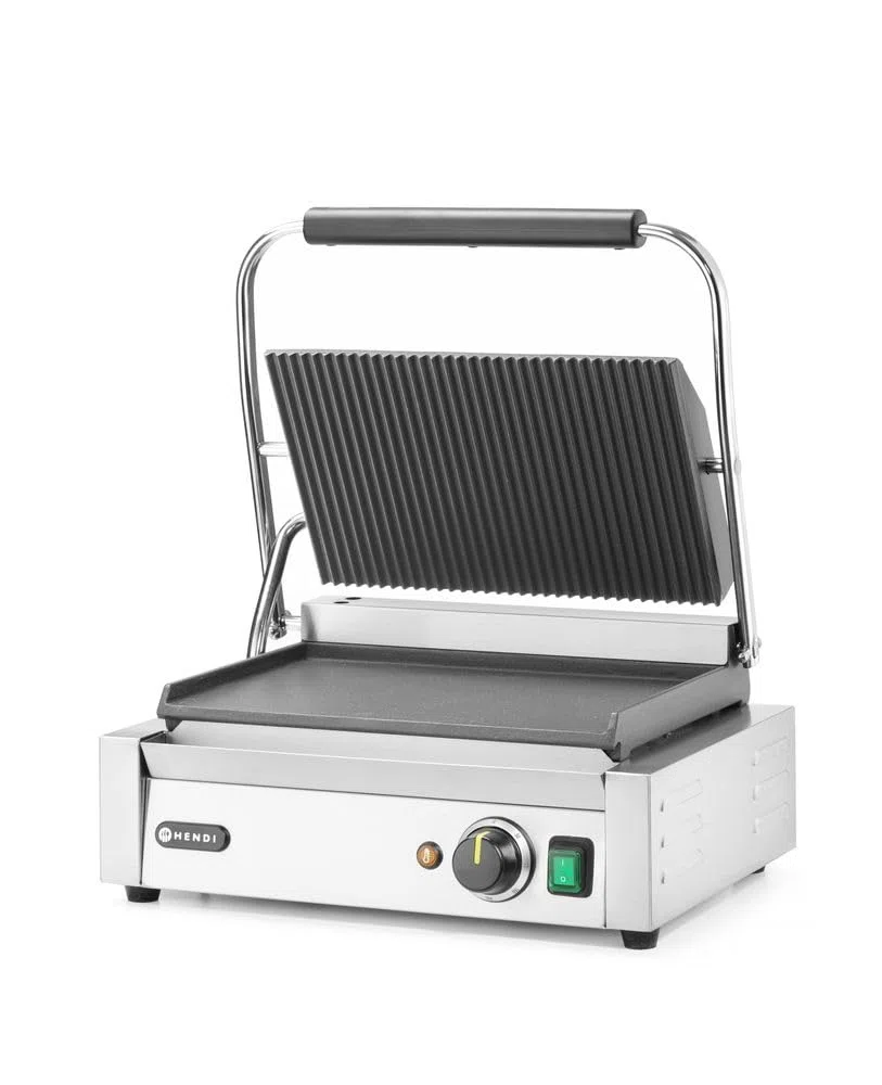 HENDI Gril de Contact Électrique, Plaque Panini Professionnel, Plaques Lisse et Rainurées en Fonte Émaillée, 230V, 2200W, 430x375x(H)216mm, Acier Inox