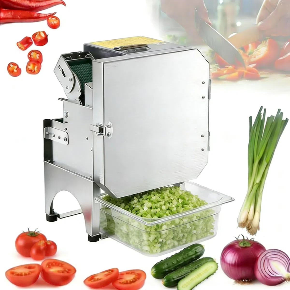 Coupe-légumes électrique, Hachoir et trancheur commercial, Débit max. de 200 kg/h avec tapis roulant — Idéal pour oignons verts, poivrons, céleri, poireaux, choux et plus encore