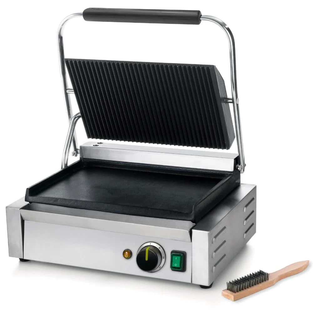 MBH - Grill Panini électrique professionnel de 43 cm avec grille cannelée pour hôtellerie. Appareil à croque-monsieur industriel en acier inoxydable pour bar et restaurant