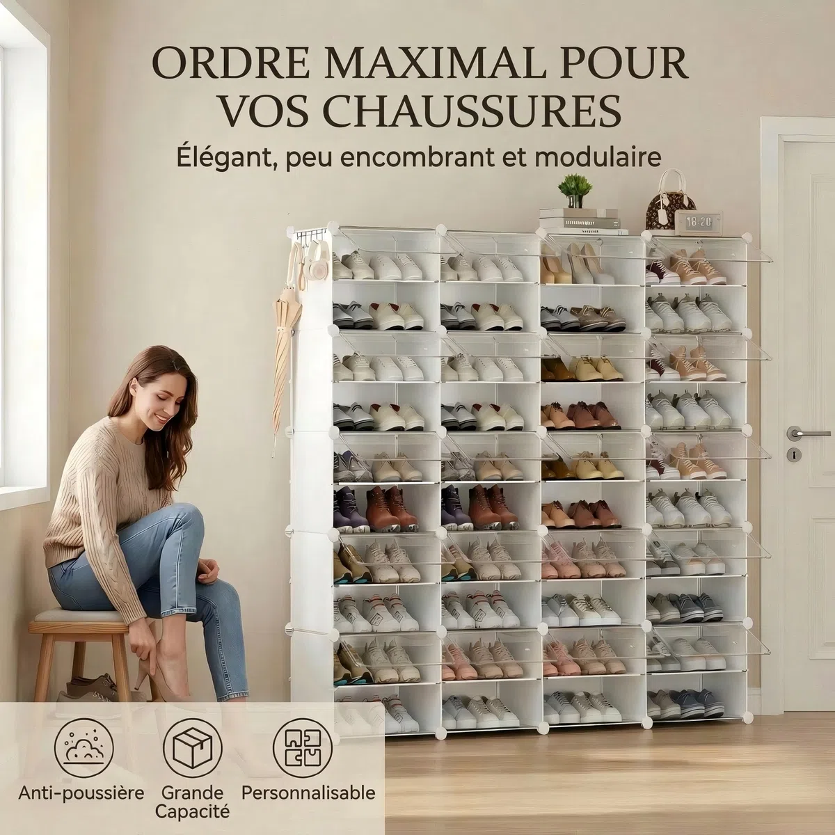 Étagère à Chaussures avec 40 Compartiments, étagère à Chaussures Haute et étroite, Blanche, Armoire à Chaussures Haute fermée pour Garde-Robe, Couloir, Chambre à Coucher, entrée, DIY