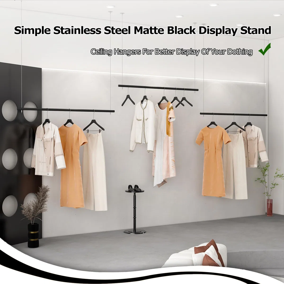 Portant à vêtements réglable fixé au Plafond - Présentoir Commercial Noir pour Magasin de détail - Cintre idéal pour Le Merchandising de détail spécialisé