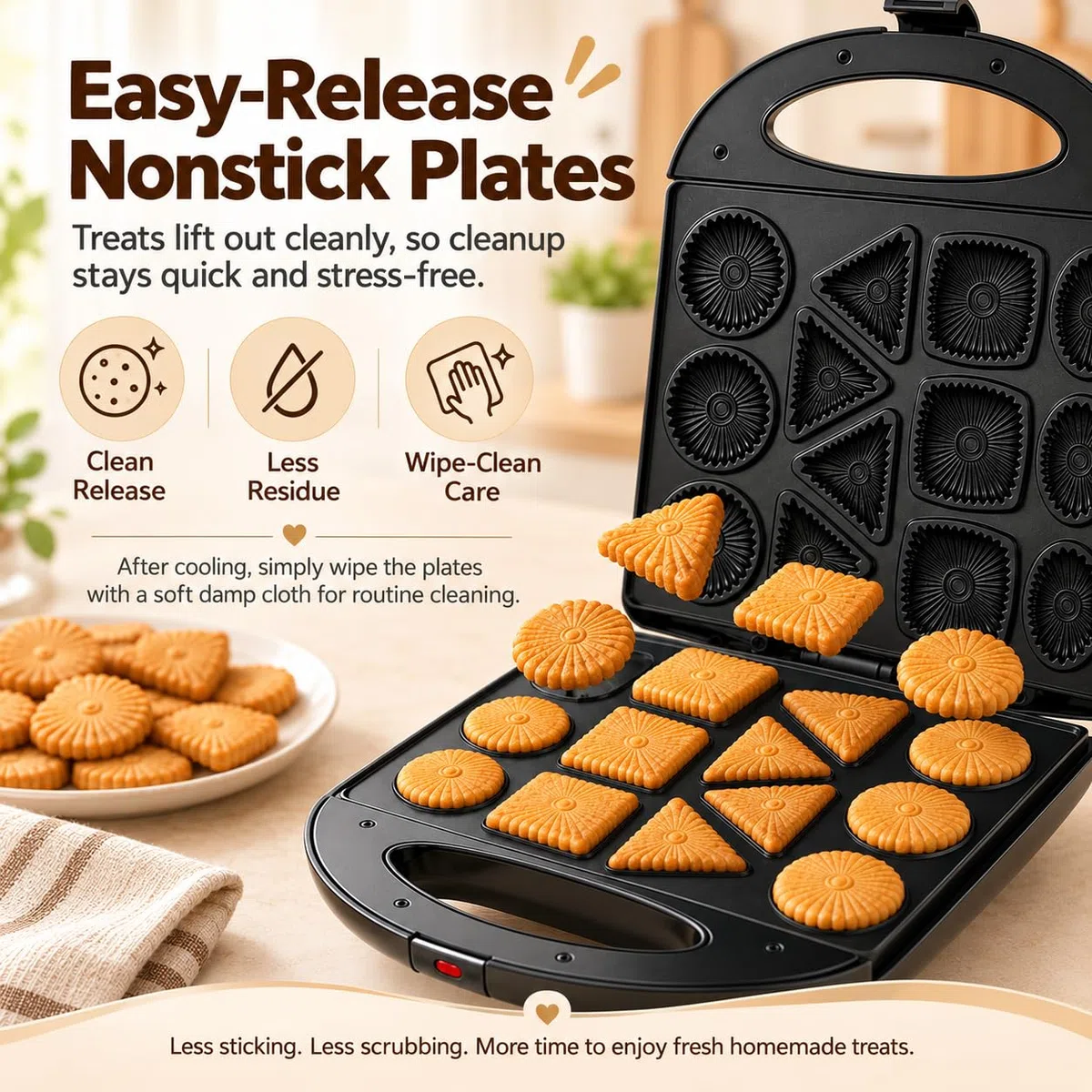 Appareil À Biscuits Aux Noix, Appareil À Mini-donuts, Antiadhésif, Double Face Chauffante, Permet De Réaliser 4 Formes De Crêpes Différentes, 13 Biscuits, Pour Biscuits, En-cas Et Desserts Maison