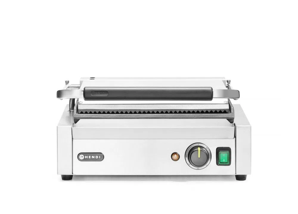 HENDI Gril de Contact Électrique, Plaque Panini Professionnel, Plaques Lisse et Rainurées en Fonte Émaillée, 230V, 2200W, 430x375x(H)216mm, Acier Inox