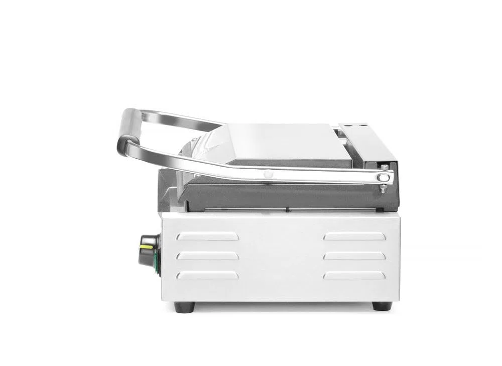 HENDI Gril de Contact Électrique, Plaque Panini Professionnel, Plaques Lisse et Rainurées en Fonte Émaillée, 230V, 2200W, 430x375x(H)216mm, Acier Inox