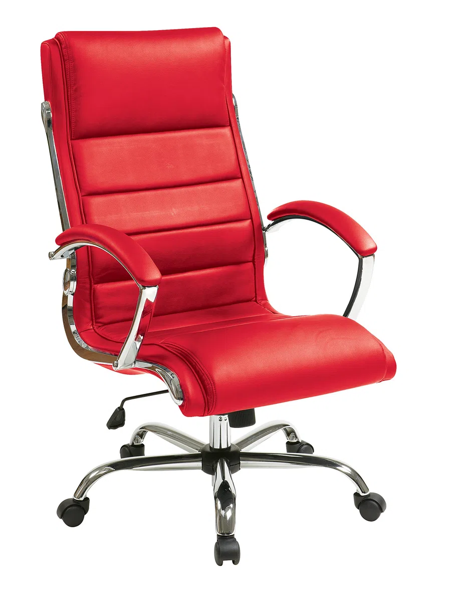 Office Star FL Series Fauteuil de bureau réglable en similicuir avec accoudoirs rembourrés et finitions chromées Rouge