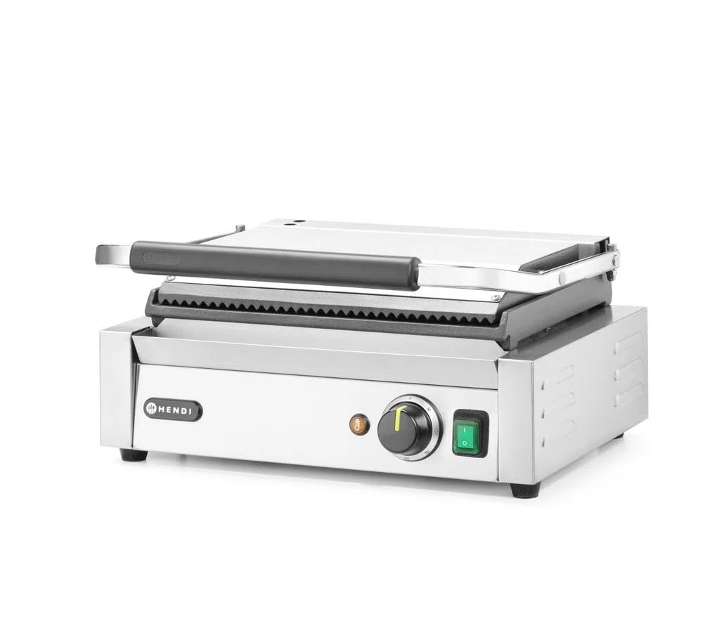 HENDI Gril de Contact Électrique, Plaque Panini Professionnel, Plaques Lisse et Rainurées en Fonte Émaillée, 230V, 2200W, 430x375x(H)216mm, Acier Inox