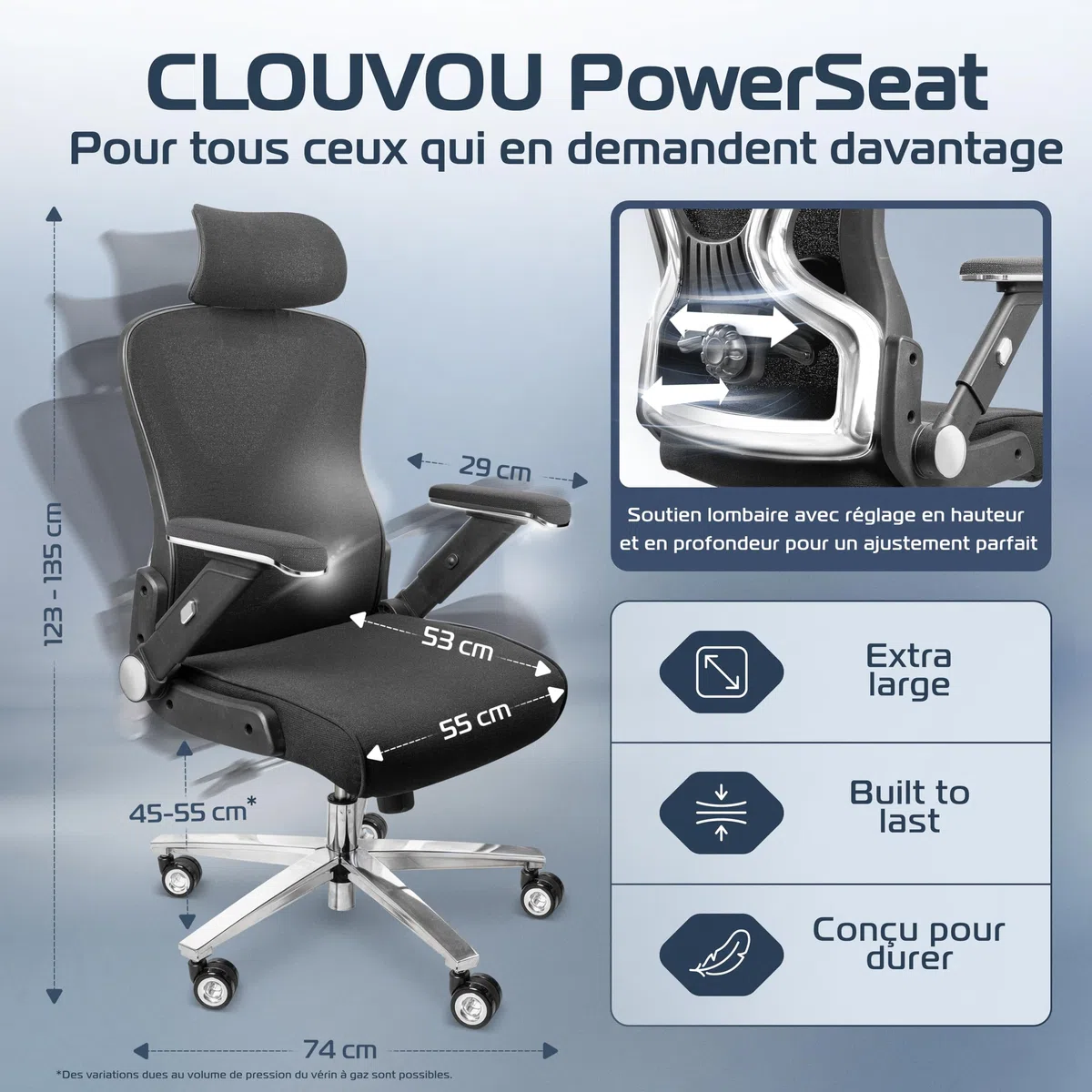 CLOUVOU PowerSeat | Chaise Bureau Ergonomique Confortable | Noir