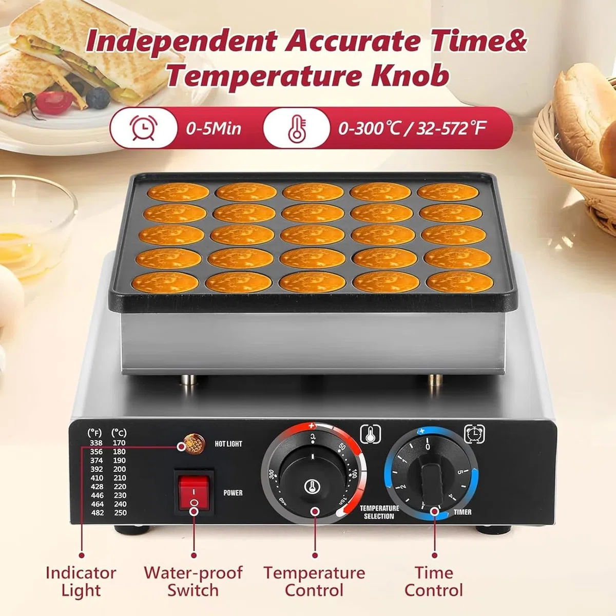Gaufrier Électrique Commercial De 850 W, Machine À Crêpes en Acier Inoxydable À 25 Trous avec Revêtement Antiadhésif, Température Réglable De 50 À 300 ℃, Minuterie De 0 À 5 Minutes