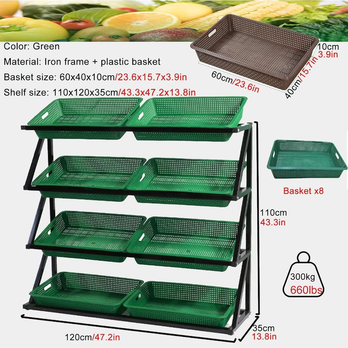 Support de Production en métal Robuste 4-5 avec paniers Commercial Épicerie Stand pour Le Magasin de marché Garde-Manger Cuisine Fruit Vegetable Snack Organizer Cadre Noir