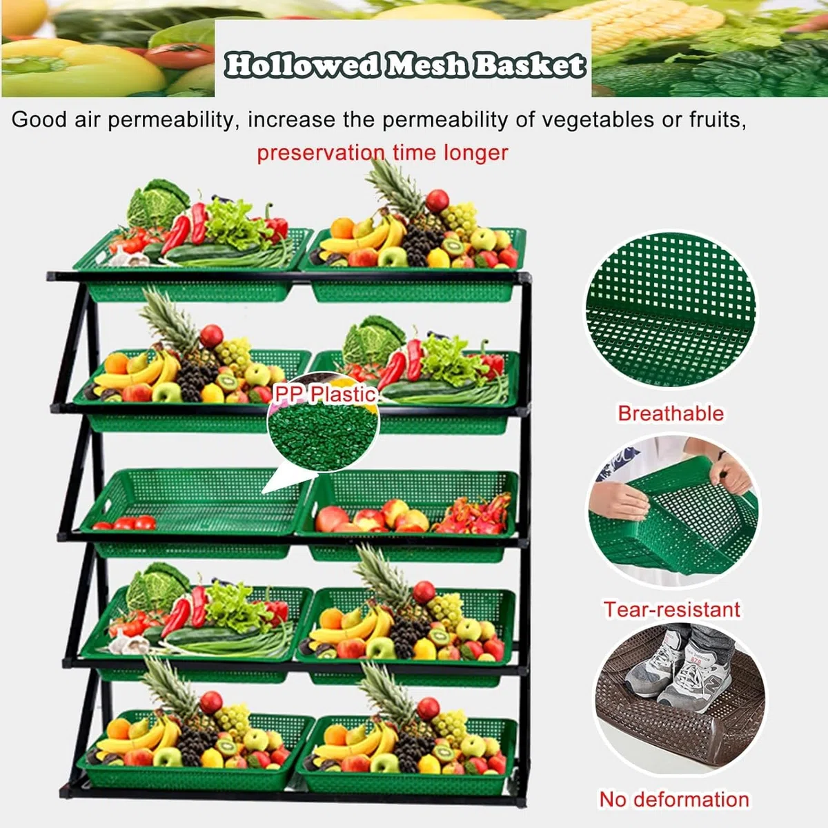 Support de Production en métal Robuste 4-5 avec paniers Commercial Épicerie Stand pour Le Magasin de marché Garde-Manger Cuisine Fruit Vegetable Snack Organizer Cadre Noir