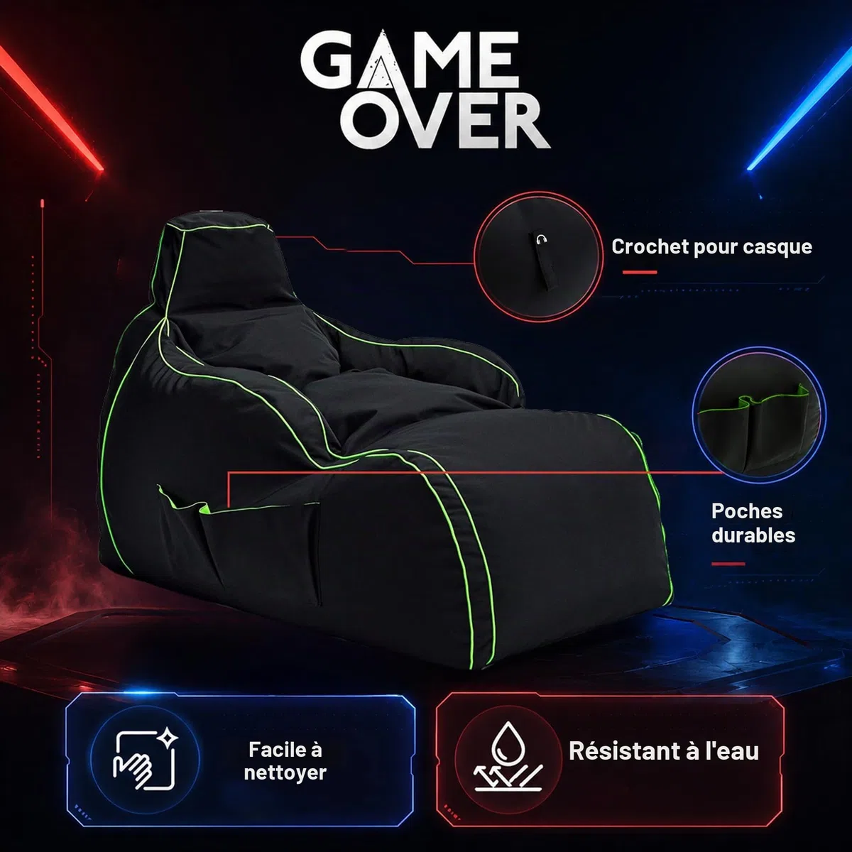 Game Over Chaise Longue Pouf Jeux Vidéos | Salle De Séjour Intérieure Fauteuil Gamer | Poches Latérales pour Les Manettes | Support De Casque (Émeraude Magique)