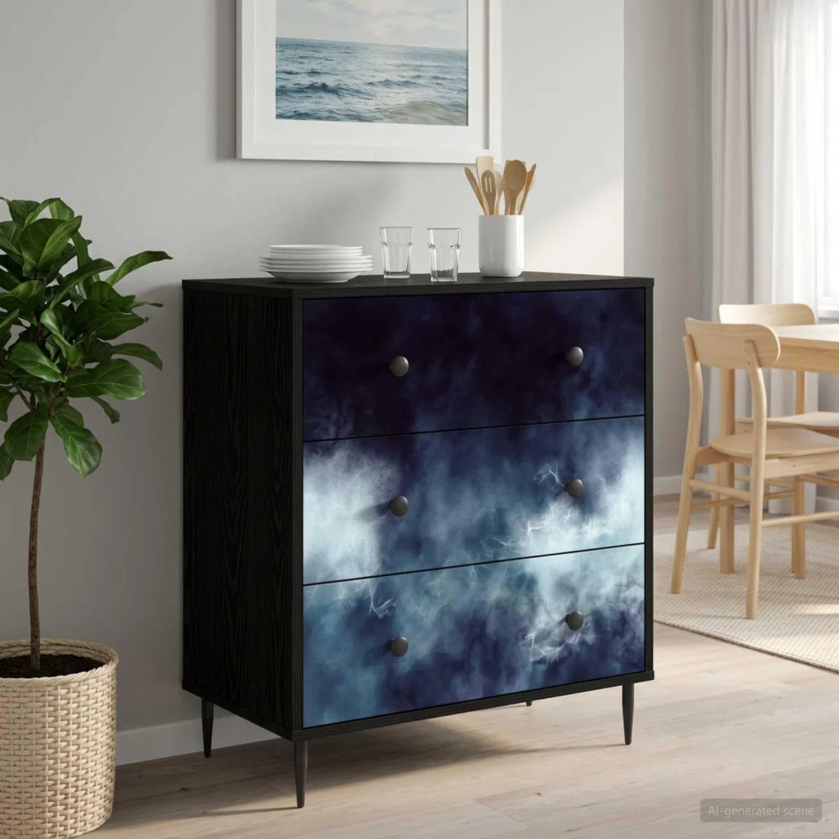 Commode RAALTE Bois d'Ingénierie Motif Marbre Bleu 3 Tiroirs 66 x 36,5 x