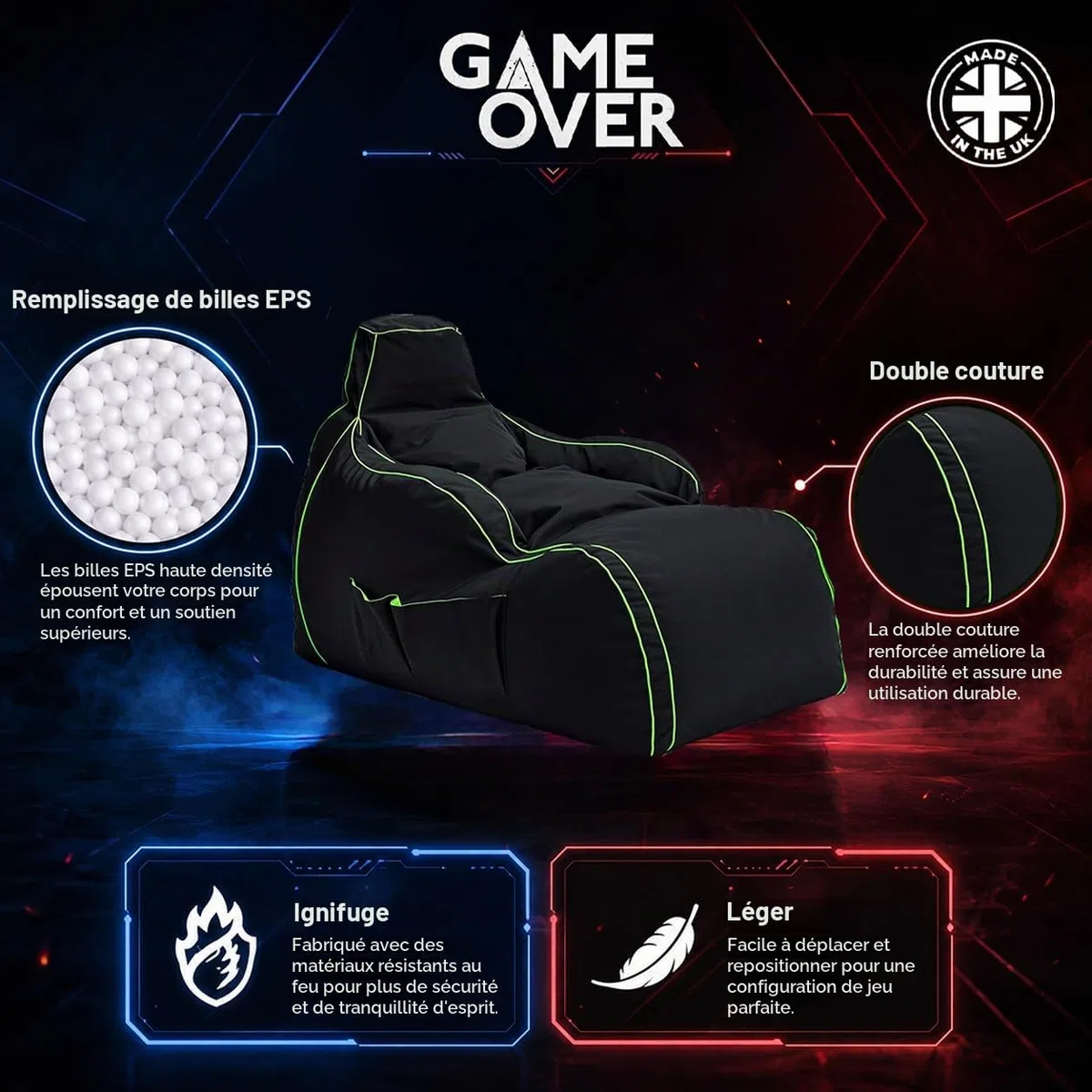 Game Over Chaise Longue Pouf Jeux Vidéos | Salle De Séjour Intérieure Fauteuil Gamer | Poches Latérales pour Les Manettes | Support De Casque (Émeraude Magique)