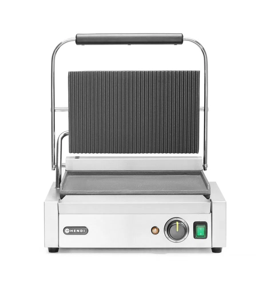 HENDI Gril de Contact Électrique, Plaque Panini Professionnel, Plaques Lisse et Rainurées en Fonte Émaillée, 230V, 2200W, 430x375x(H)216mm, Acier Inox