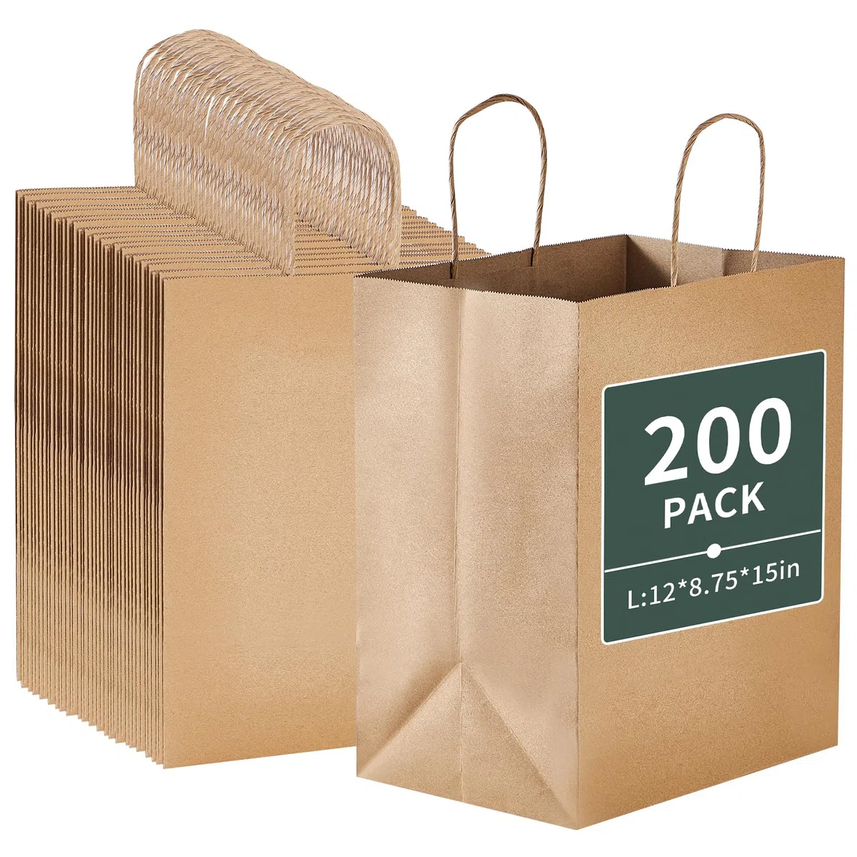DealbyBox Lot de 200 sacs en papier marron avec poignées, sacs en kraft, sacs de vente au détail, sacs de courses (taille L, 30,5 x 22,9 x 38,1 cm)
